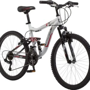 Mongoose Ledge 2.1 Mountain Bike, 24-inch wheels, 21 speeds, boys frame, Silver/Red