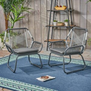Noble House Morgan Modern Solid Print Outdoor Rope and Steel Club Chairs, Gray / White Set of 2