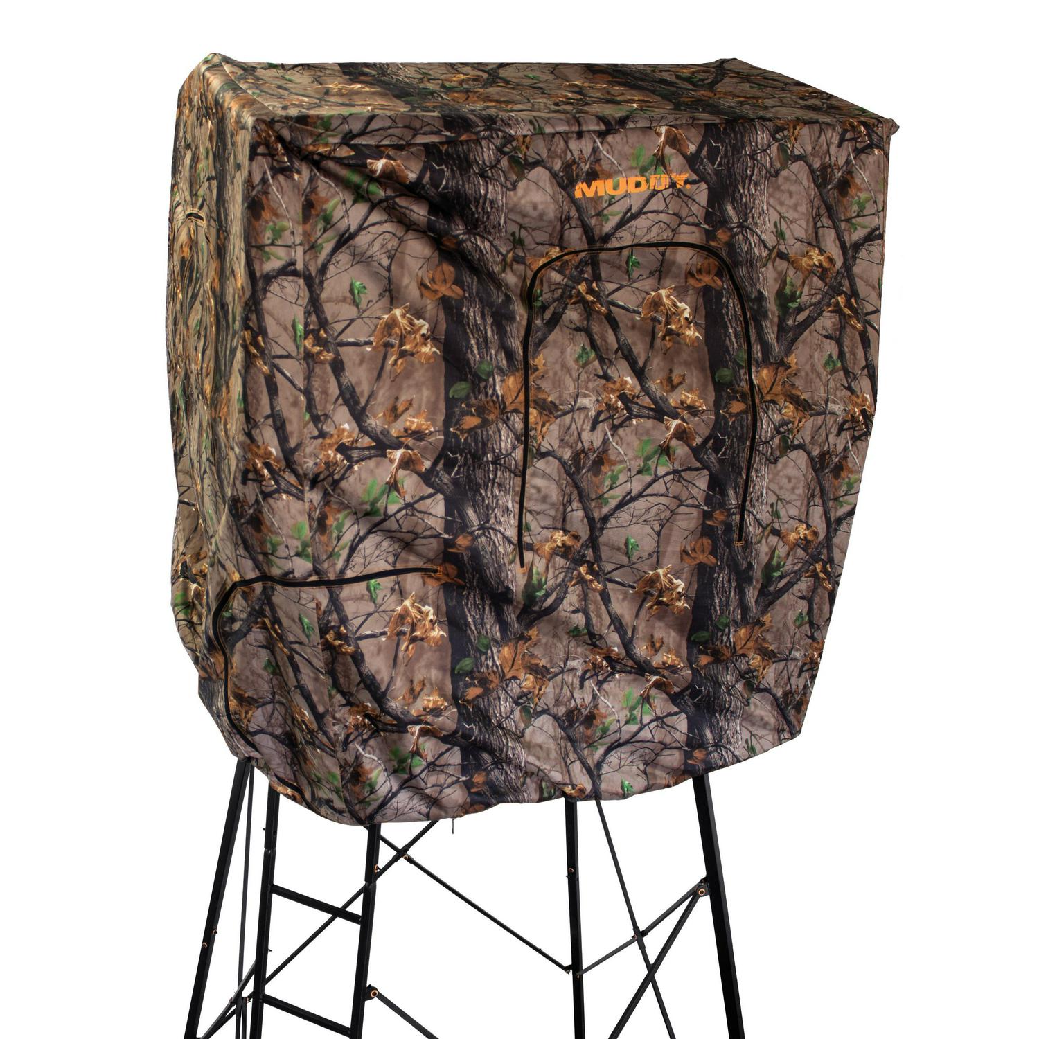 MUDDY Quad Roof Kit Enclosure Durable Hunting Outdoor Steel Construction with Camo Quiet Water-Resistant Cover 4 Zippered Windows & Full Surround 36"H Shooting Rail - Image 5