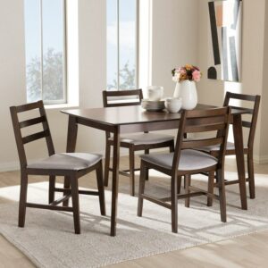 Baxton Studio Nadine Modern and Contemporary Walnut-Finished Light Grey Fabric Upholstered 5-Piece Dining Set