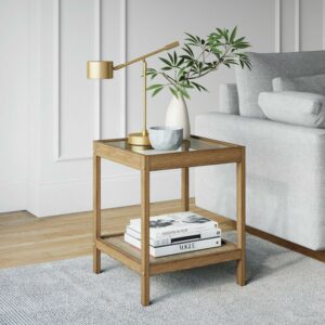 Nathan James Hayes Solid Wood Nightstand, Bedside, End/Side Table in Light Brown Wood Finish & Glass Top with Open Storage Shelf