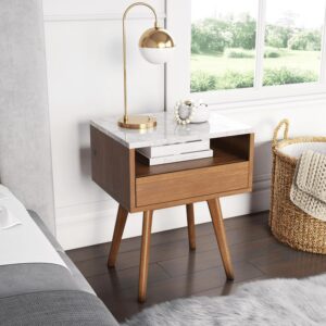 Nathan James James White and Brown Walnut Finish Faux Marble Top Storage Rectangular Accent Side or End Table