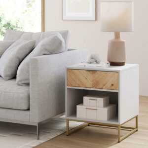 Nathan James Kensi White Nightstand Gold Metal Base with Open Cubby for Storage and Drawer