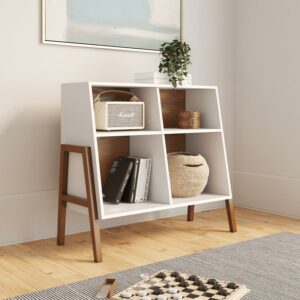 Nathan James Telos Glossy White and Brown Angled Design 4-Cube Storage Organizer, Open Shelf Bookcase
