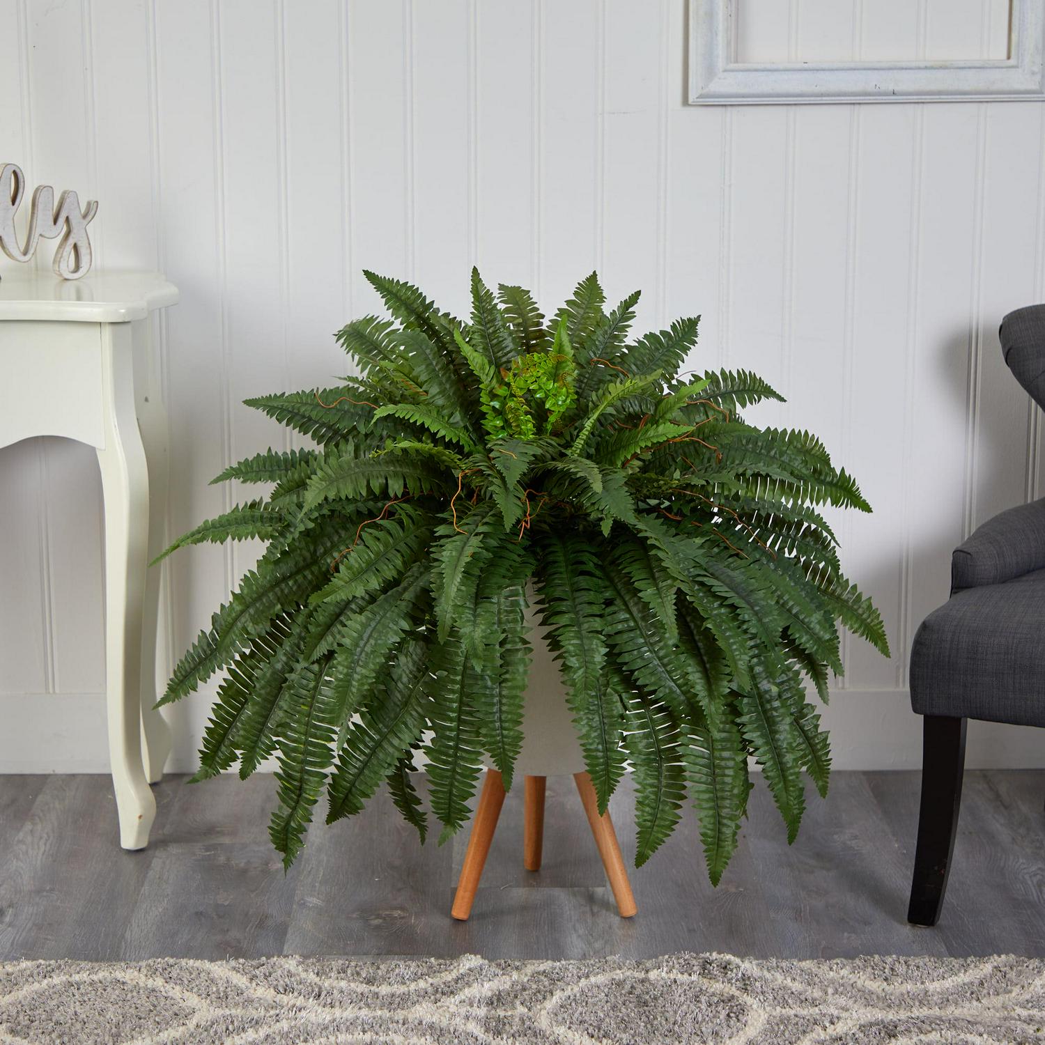 Nearly Natural 2.5ft. Boston Fern Artificial Plant in White Planter with Legs - Image 3