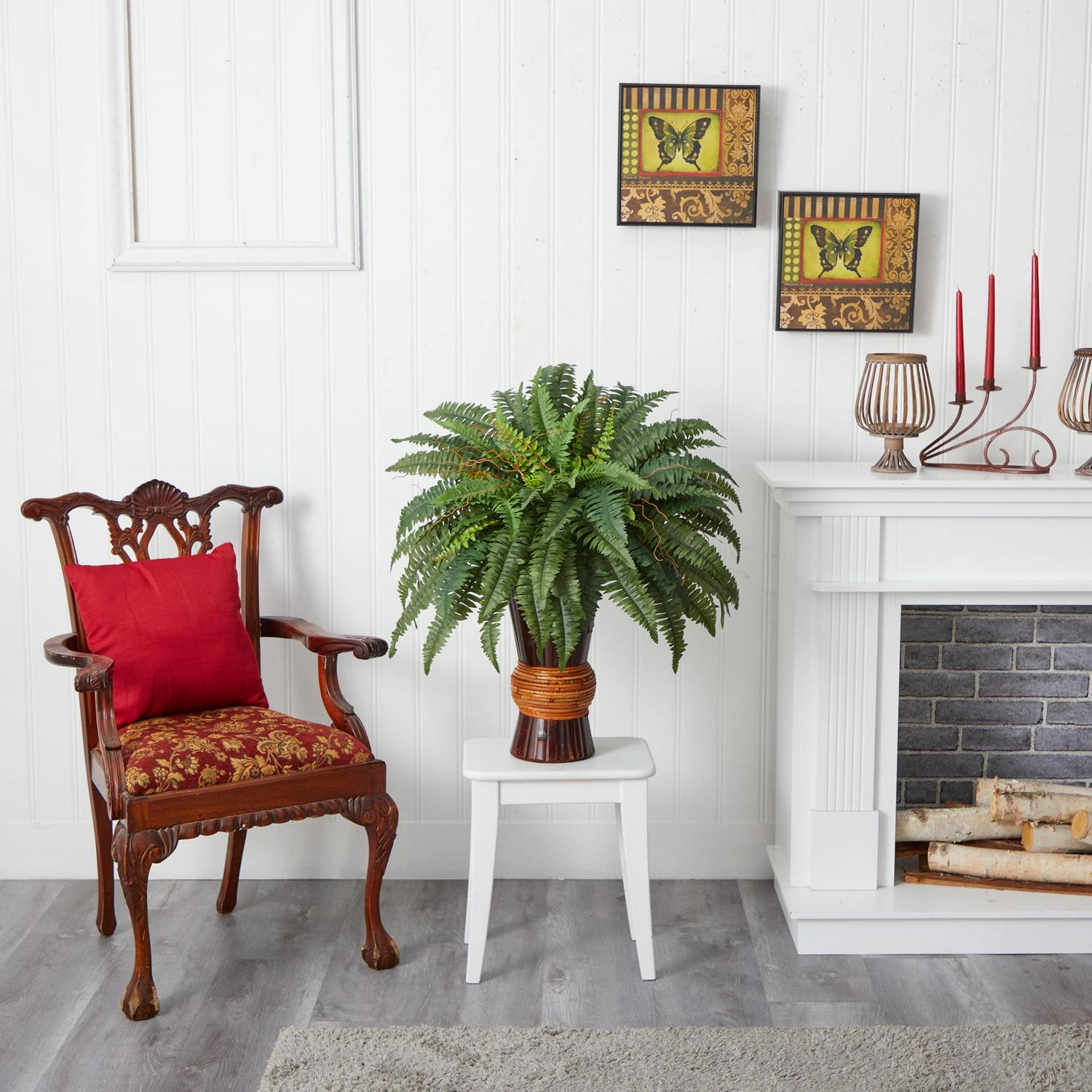 Nearly Natural 33" Boston Fern Artificial Plant with Bamboo Vase, Green - Image 3