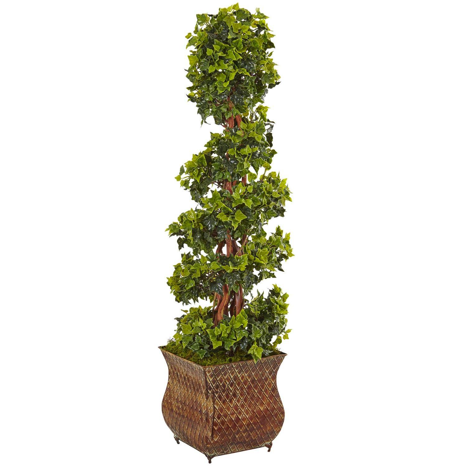 Nearly Natural 4' English Ivy Spiral Artificial Tree in Metal Planter, UV Resistant
