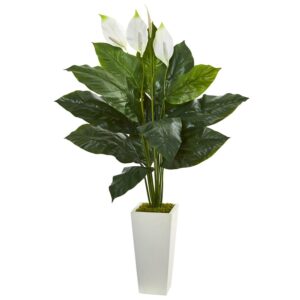 Nearly Natural 51" Plastic and Polyester Green Spathiphyllum Artificial Plant in White Planter