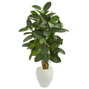 Nearly Natural 53" Artificial Rubber Tree in White Planter