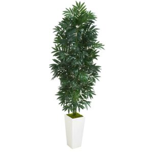 Nearly Natural 5' Bamboo Palm Artificial Plant in White Planter, Green