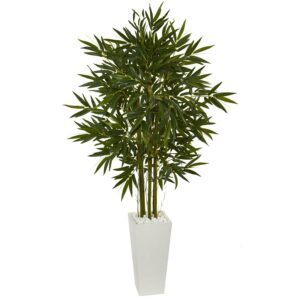 Nearly Natural 6' Bamboo Artificial Tree in White Tower Planter, Green