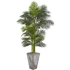 Nearly Natural 7' Golden Cane Artificial Palm Tree in Cement Planter, Green