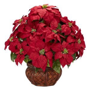 Nearly Natural Artificial Indoor Red Poinsettia with Decorative Planter Artificial Flower Arrangement