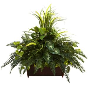 Nearly Natural Mixed Grass & River Fern Artificial Plant with Wood Planter, Green