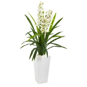 Nearly Natural Plastic 4.5' Green Cymbidium Orchid Artificial Plant in White Planter