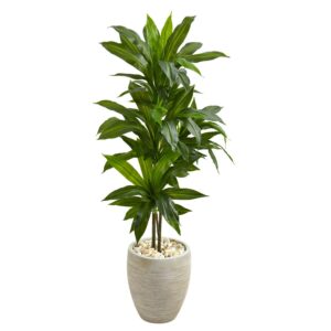 Nearly Natural Plastic 4' Dracaena Artificial Plant in Sand Colored Planter, Green