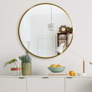 32" Gold Round Wall Mirror Modern Accent Mirror Wall Decor Circle Mirror Aluminum Alloy Frame Bathroom Wall Mounted Mirror