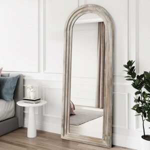 Solid Wood Full-Length Mirror 64"x21" for Living Room Bedroom,Weathered White