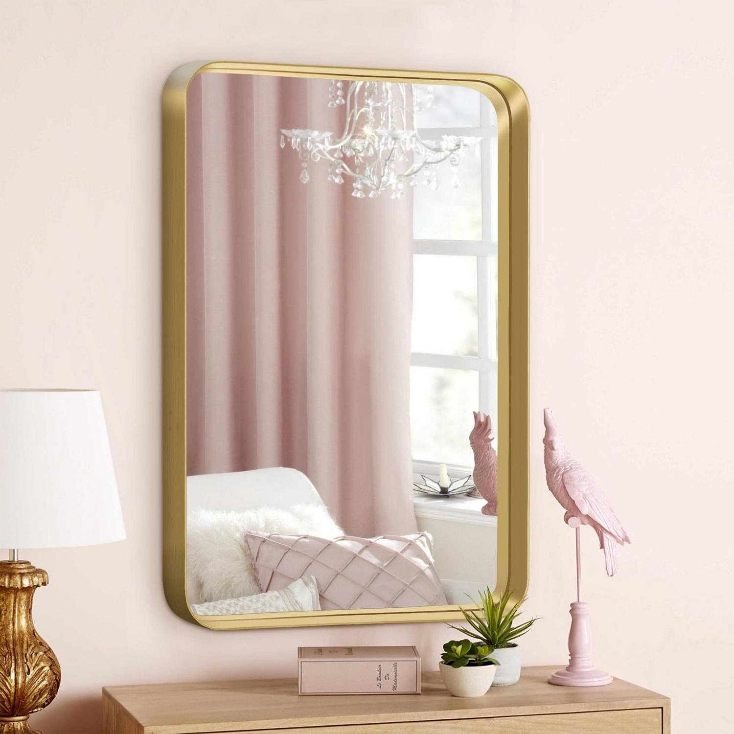 32"x22" Aluminum Alloy Wall Mount Rounded Corner Rectangular Mirror,Gold - Image 2