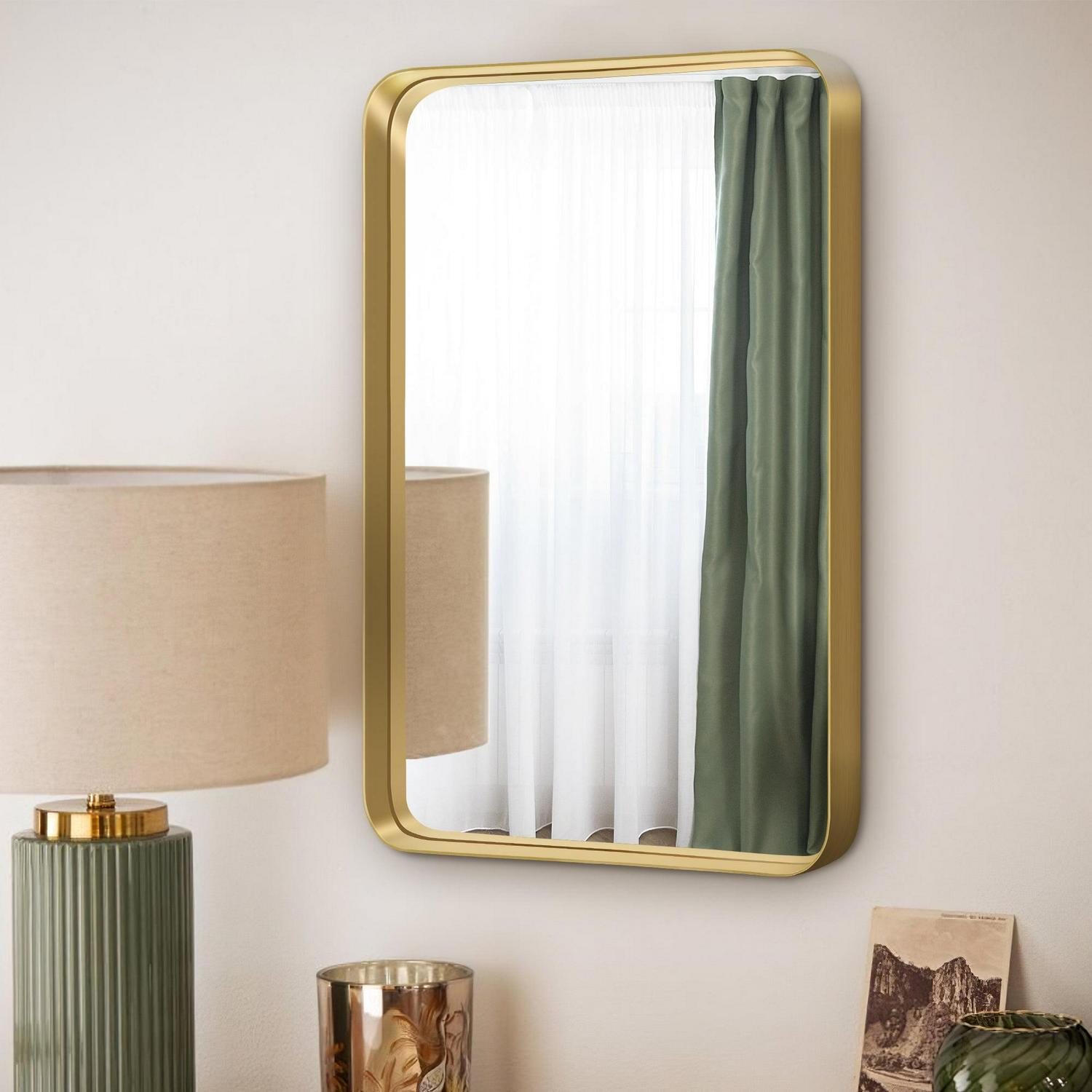 32"x22" Aluminum Alloy Wall Mount Rounded Corner Rectangular Mirror,Gold - Image 3