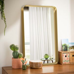32"x22" Aluminum Alloy Wall Mount Rounded Corner Rectangular Mirror,Gold