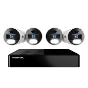 Night Owl 8 Channel 4K Bluetooth NVR with 2TB Hard Drive and 4 Wired IP 4K Spotlight Cameras with 2-Way Audio and Audio Alerts and Sirens