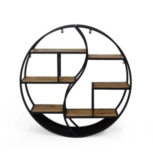 Noble House 34.25" Brown and Black Contemporary Round Hanging Wall Shelf