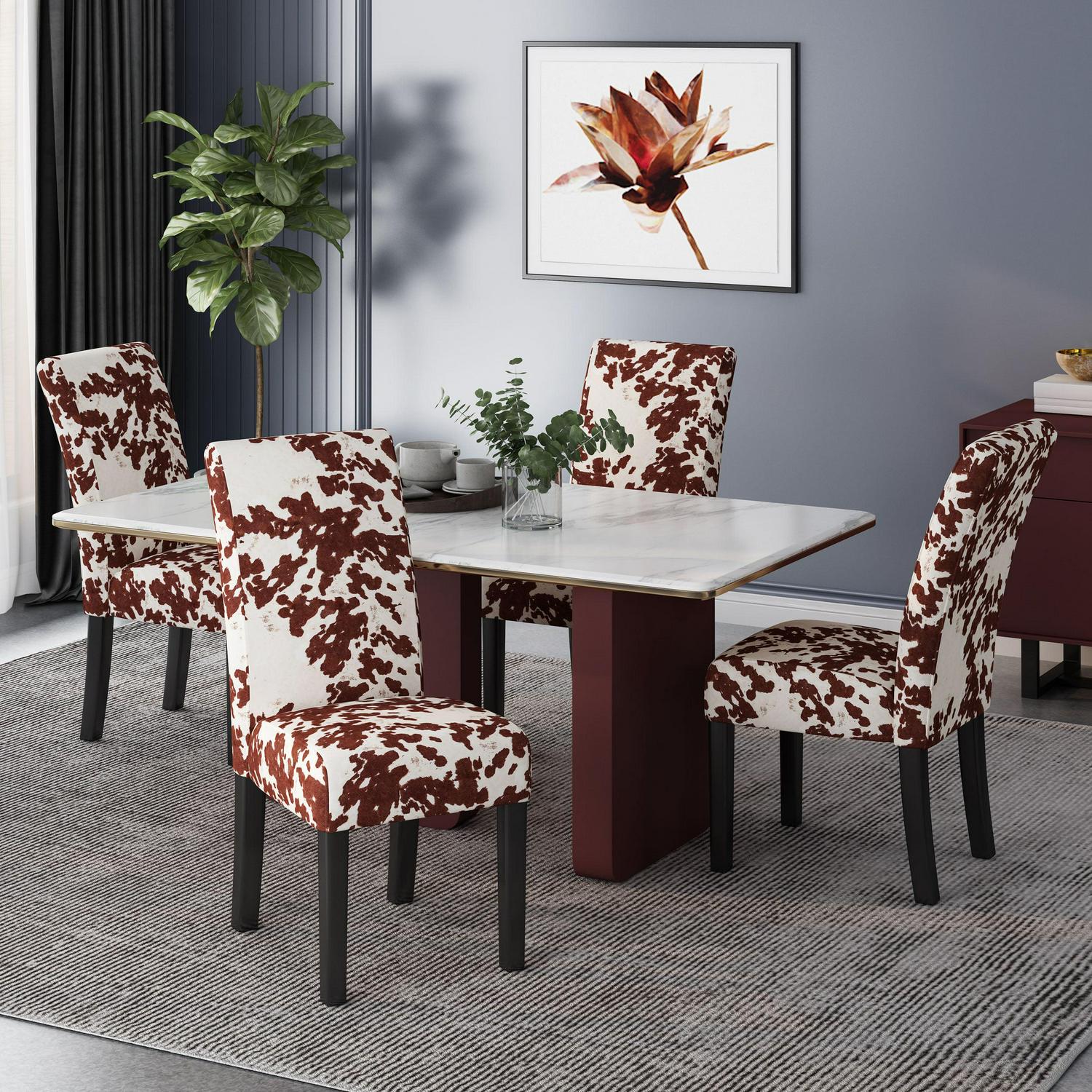 Noble House Asher Indoor Contemporary Velvet Dining Chairs, Set of 4, Cow Print, Espresso - Image 2