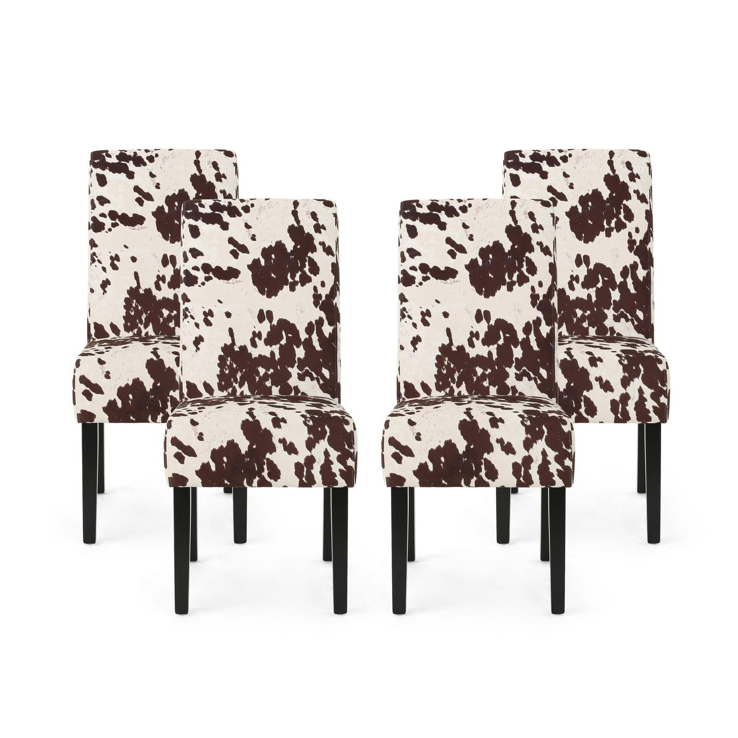 Noble House Asher Indoor Contemporary Velvet Dining Chairs, Set of 4, Cow Print, Espresso