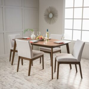 Noble House Caruso Mid-Century Modern 5 Piece Dining Set, Light Beige and Walnut