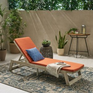 Noble House Maki Outdoor Acacia Wood Chaise Lounge in Light Gray and Orange