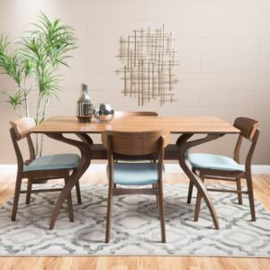 Noble House Harper Mid-Century Modern 5 Piece Dining Set, Mint and Walnut