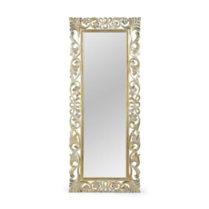 Noble House Koa Traditional Standing Mirror with Floral Carved Frame, Distressed White, Gold