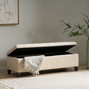 Noble House Meadow Beige Tufted Fabric Storage Ottoman Bench