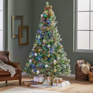 Noble House Pre-Lit 7' Cashmere Pine and Mixed Needles Multi-Color LED Hinged Artificial Christmas Tree Snow and Glitter Branches and Frosted Pinecones