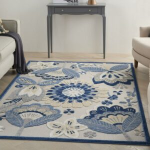 Nourison Aloha Indoor/Outdoor Floral Contemporary Blue/Grey 5'3" x 7'5" Area Rug, (5' x 7')