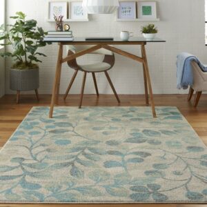 Nourison Tranquil Nature Ivory/Turquoise 5'3" x 7'3" Area Rug, (5x7)