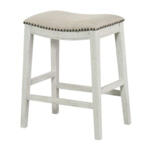 OSP Home Furnishings Saddle Stool 24" in Beige Fabric and Antique White Base and Antique Bronze Nailheads 2-Pack