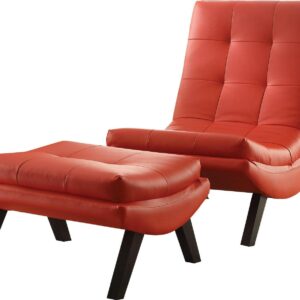 OSP Home Furnishings Tustin Lounge Chair and Ottoman Set With Red Faux Leather Fabric and Black Legs
