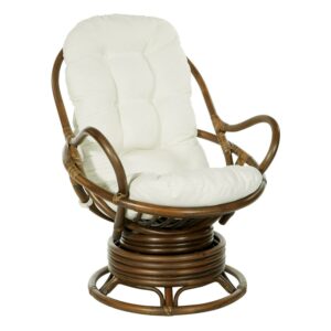 OSP Home Furnishings Kauai Rattan Swivel Rocker Chair in Linen Fabric and Brown Frame