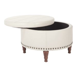 OSP Home Furnishings Alloway Storage Ottoman in Cream Faux Leather with Antique Bronze Nailheads