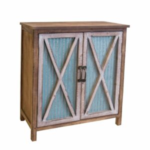 American Furniture Classics OS Home and Office Model 45138 Rustic, Weathered, Metal Corrugated Two Door Storage Cabinet with Three Shelves