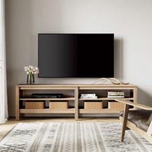 Oak TV Stand for 75 Inch TV, Farmhouse Wood TV Cabinet with 4 Cubby for Living Room Bedroom,70 inch