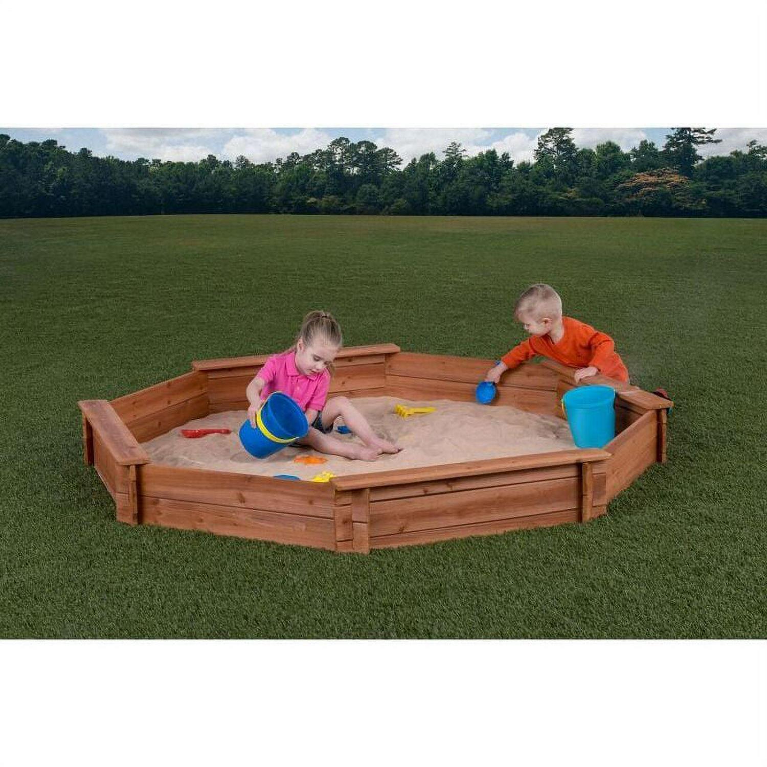 Octagon Wooden Cedar Sand Box W Seat Boards | Eco-Friendly Cover & Ground Liner | 84" X 78" x 9" | Easy DIY Assembly | Holds 800+ lbs of Sand | - Image 4