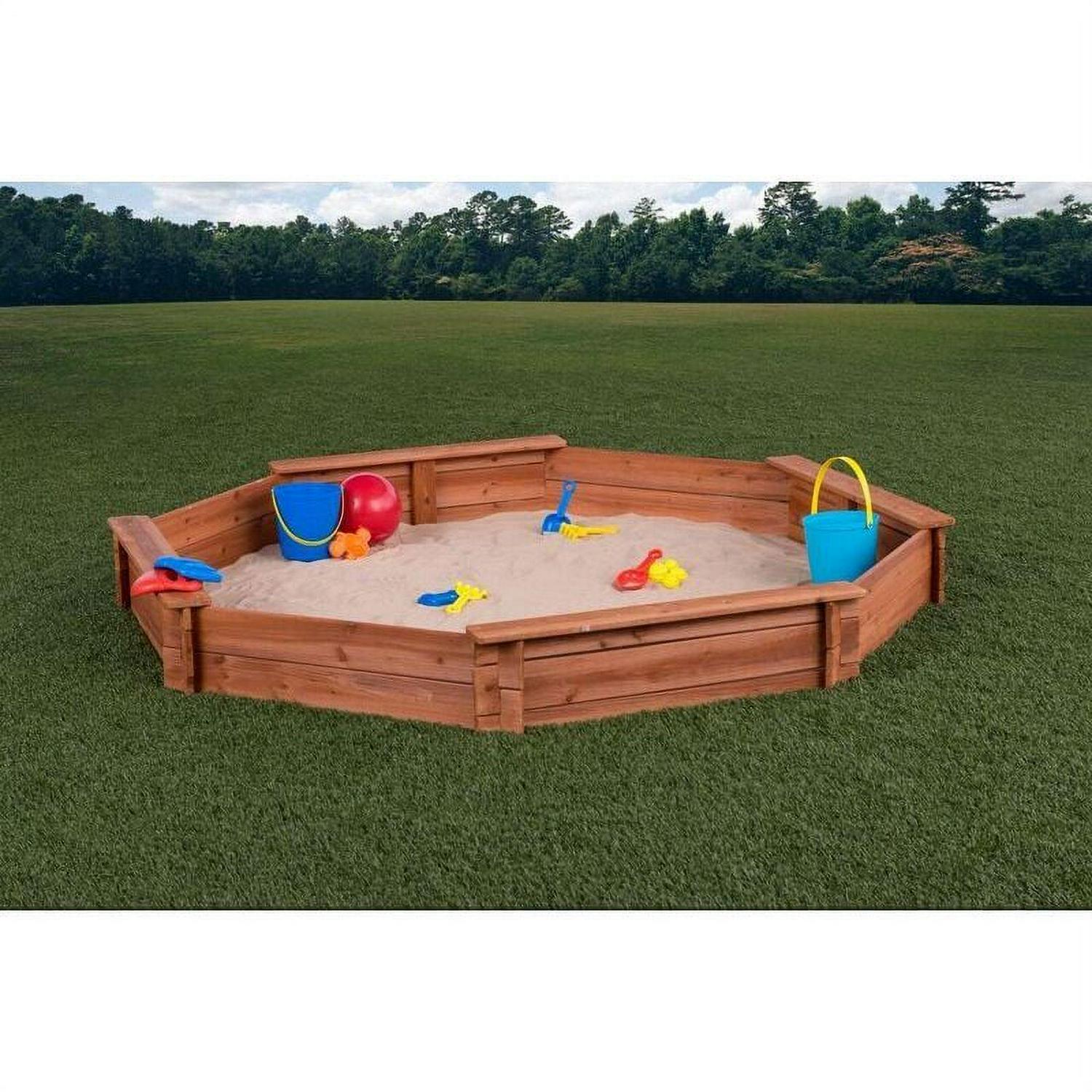Octagon Wooden Cedar Sand Box W Seat Boards | Eco-Friendly Cover & Ground Liner | 84" X 78" x 9" | Easy DIY Assembly | Holds 800+ lbs of Sand | - Image 2