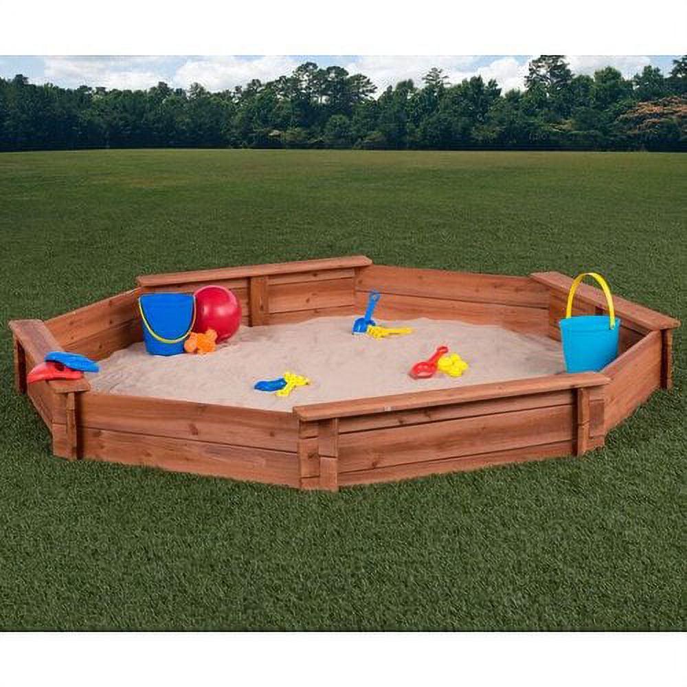 Octagon Wooden Cedar Sand Box W Seat Boards | Eco-Friendly Cover & Ground Liner | 84" X 78" x 9" | Easy DIY Assembly | Holds 800+ lbs of Sand | - Image 3
