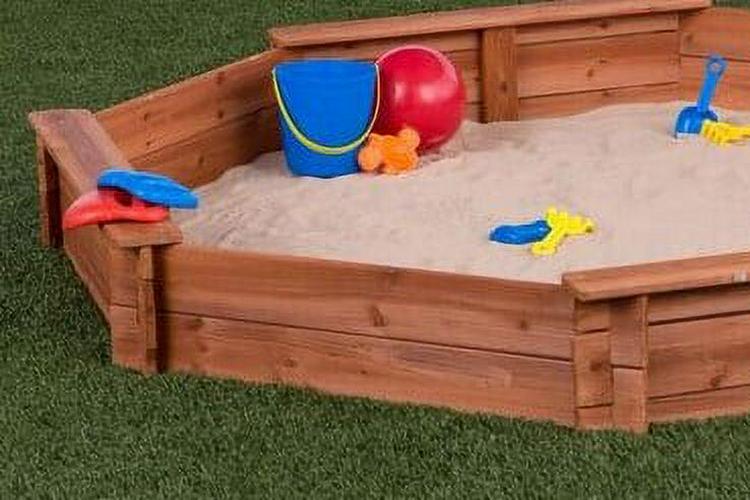 Octagon Wooden Cedar Sand Box W Seat Boards | Eco-Friendly Cover & Ground Liner | 84" X 78" x 9" | Easy DIY Assembly | Holds 800+ lbs of Sand | - Image 6