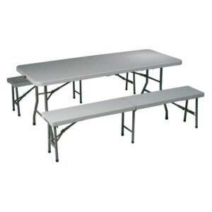 3 Piece Light Gray Resin Folding Table and Bench Set