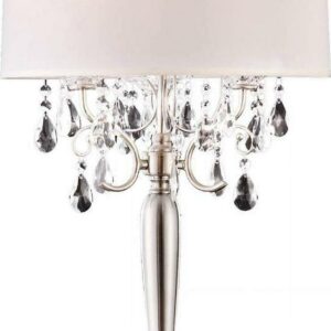 29.5" Tall Metal Table Lamp with Silver finish and Crystal Accents, Ivory Fabric Shade