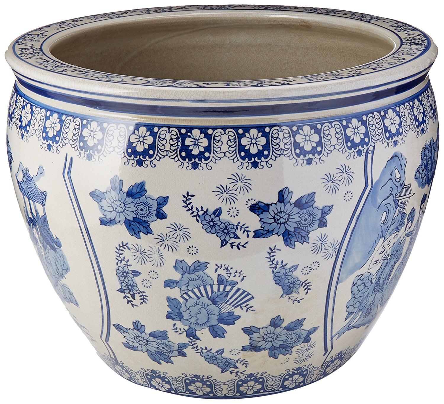 Red Lantern 16" Ladies Blue & White Porcelain Fishbowl Planter - Image 5
